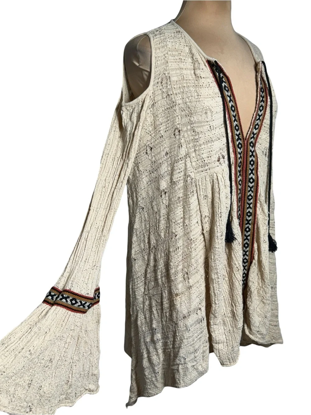 Free People Cold Shoulder Boho Knit Tunic Sweater Cream Size Large